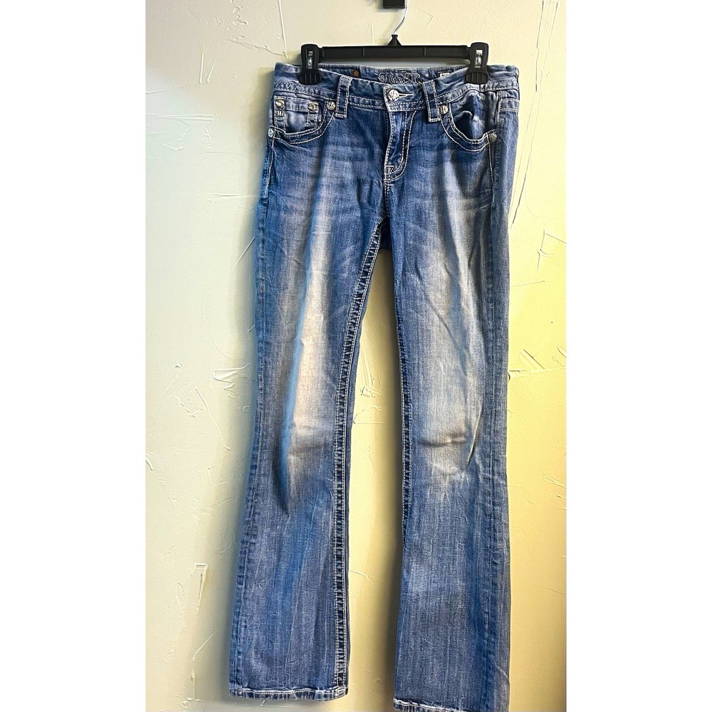 Miss Me Women Medium Wash Blue Denim Bootcut Jeans Embroidered Studded pocket 28